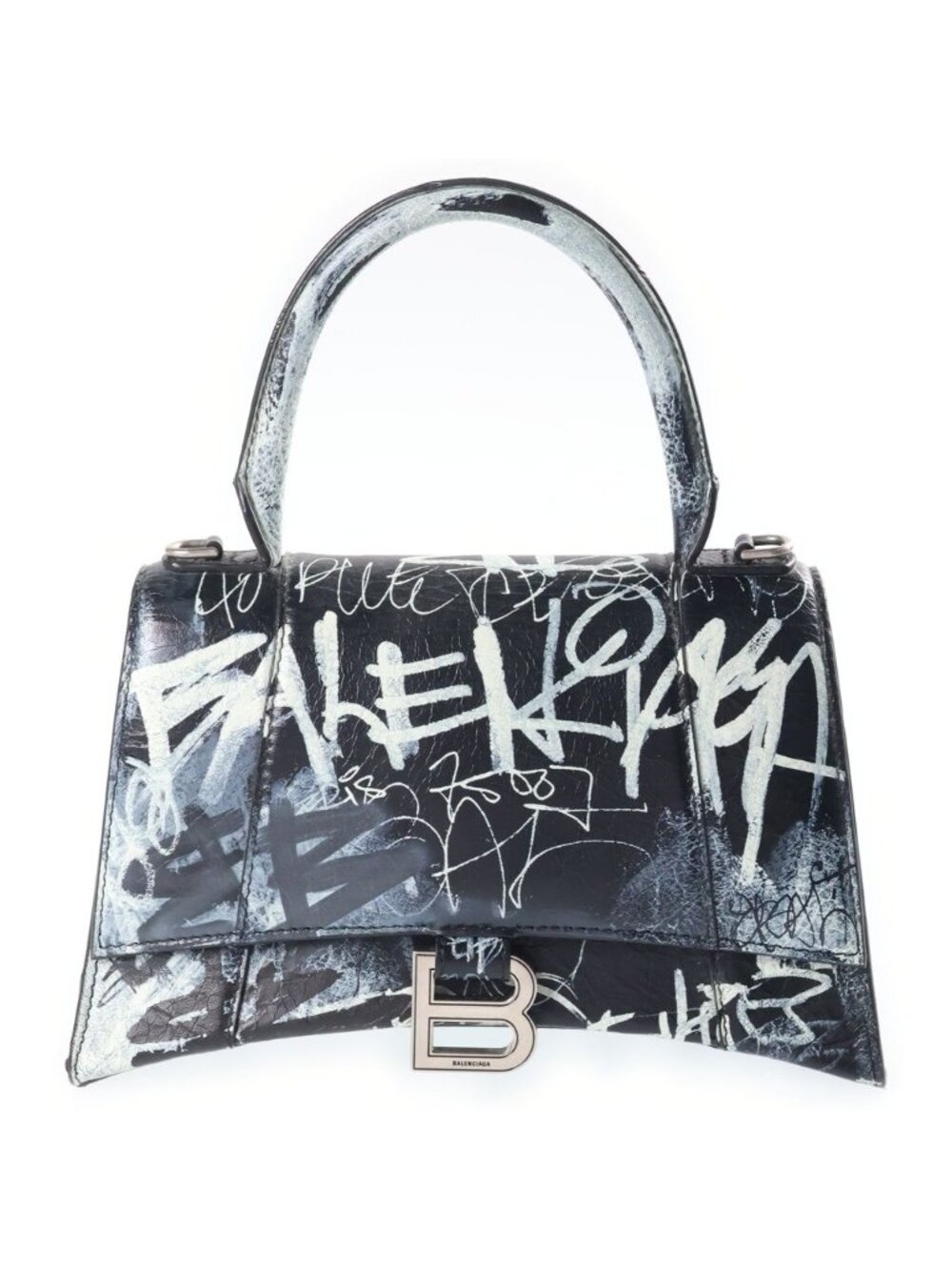 Balenciaga Hourglass Graffiti Small 2-Way Shoulder Bag Black Leather